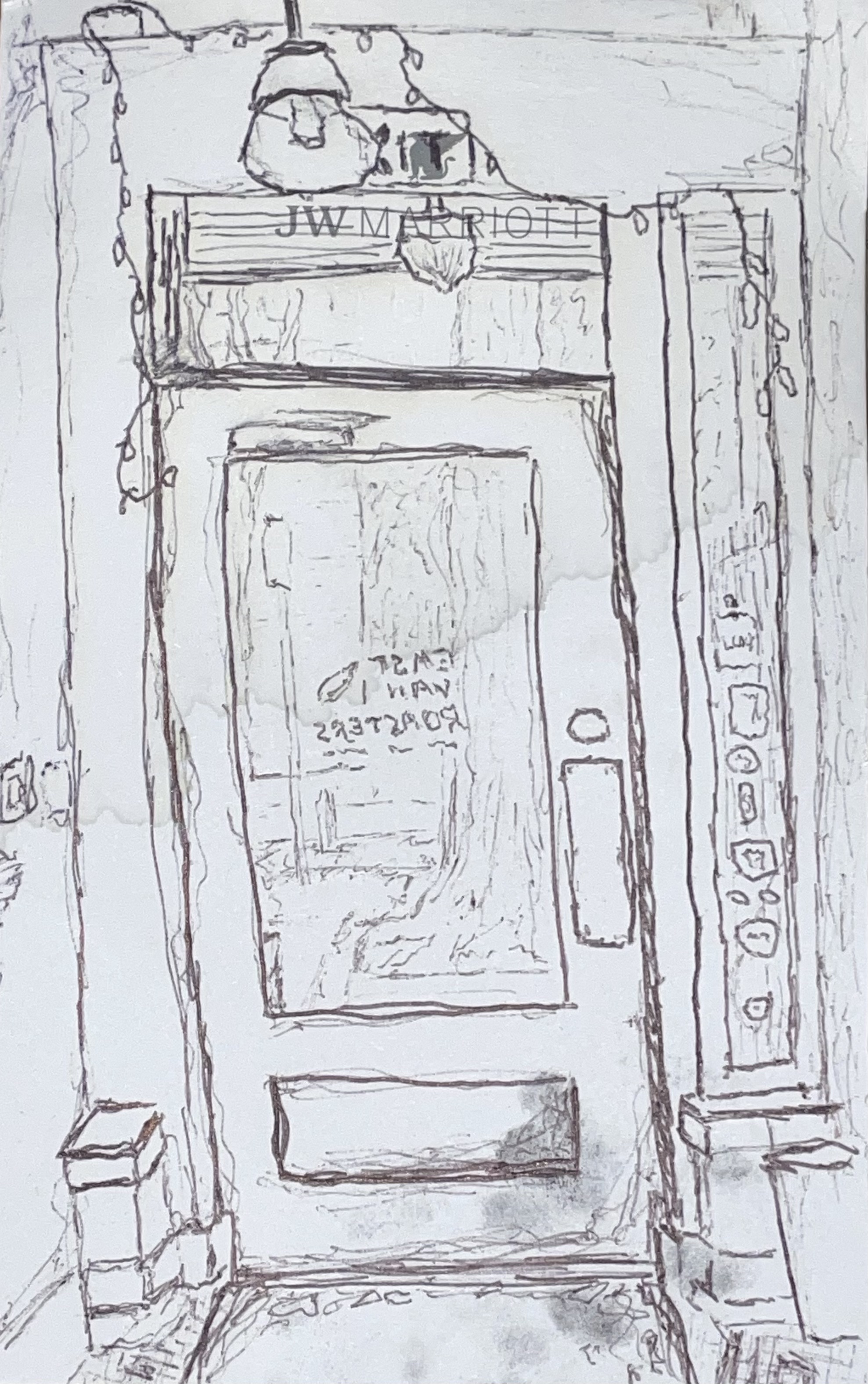 sketch of a cozy coffee shop entrance