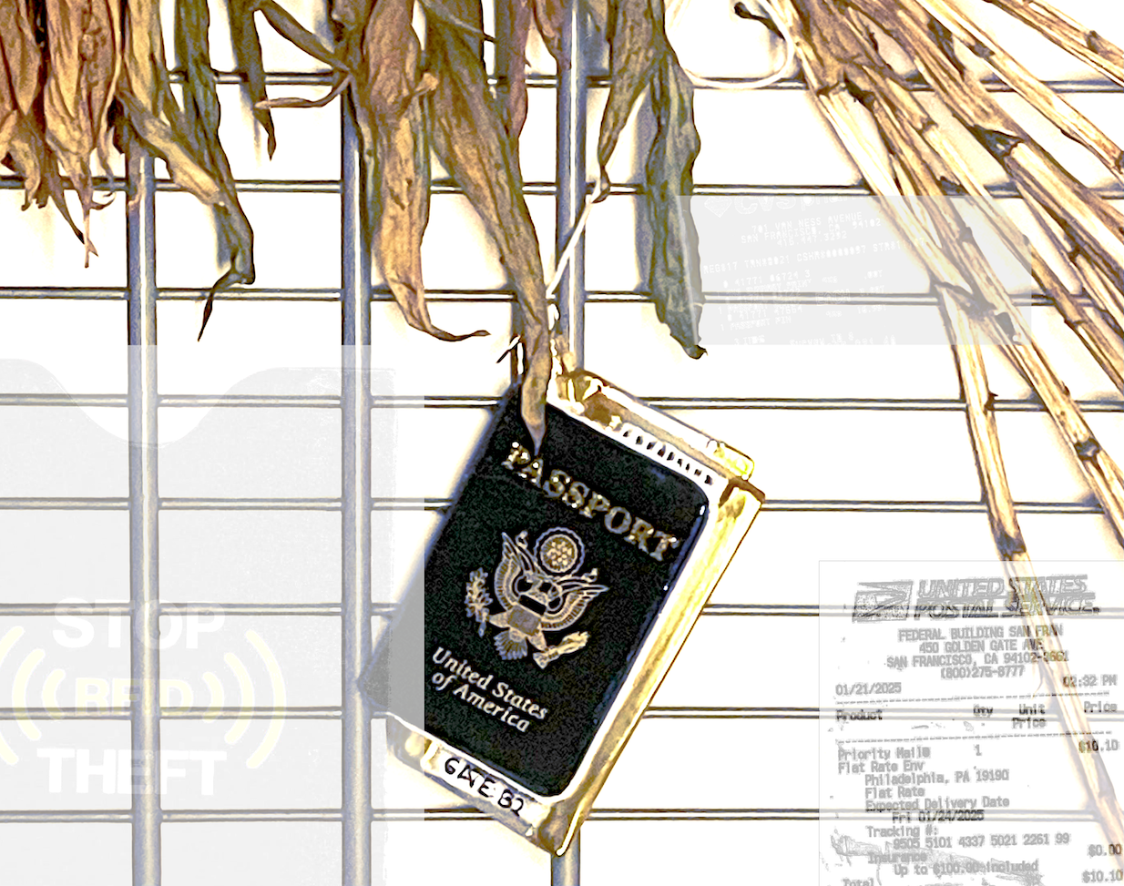 the passport ornament tied to flowers dried with receipts of application overlaid