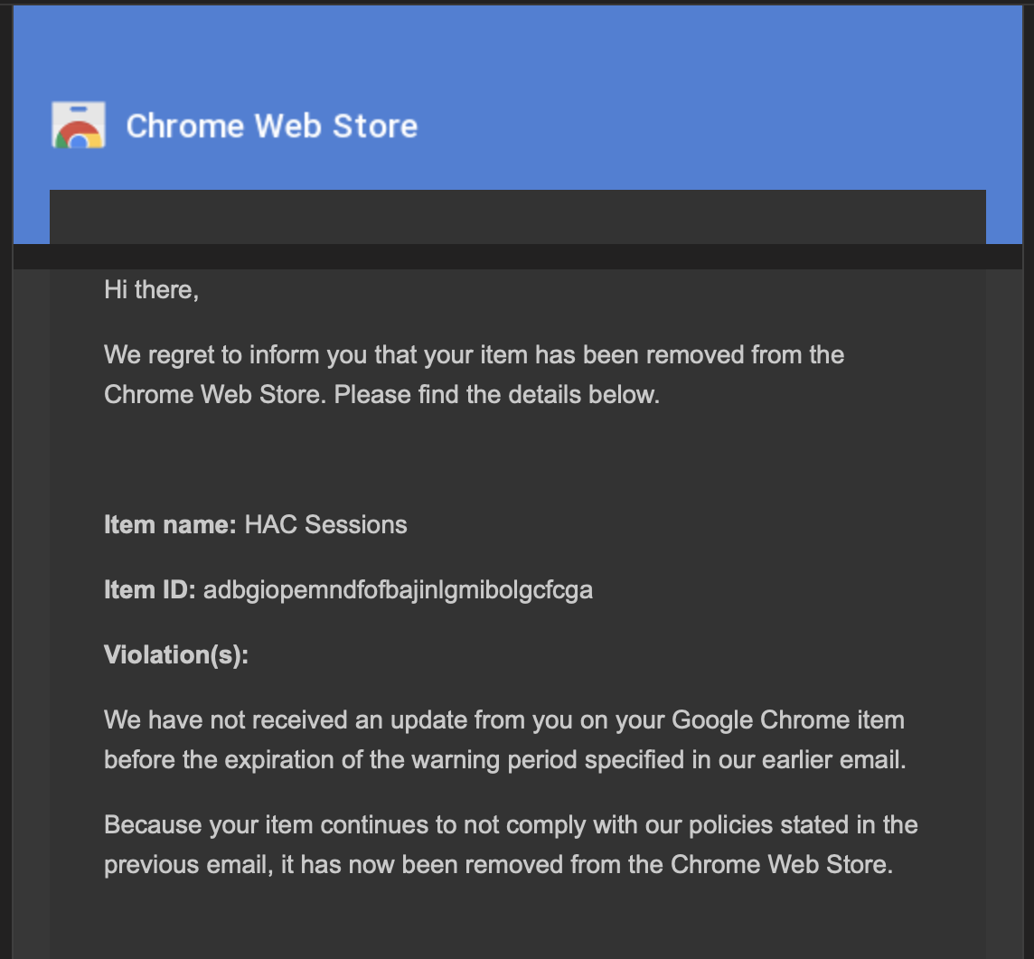 the chrome store removal notice